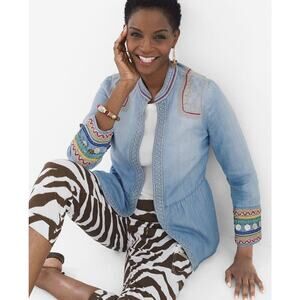 CHICO'S Chambray Jacket Sz 0 (US Small/4) Embroidered Beaded Coin Open Front EUC